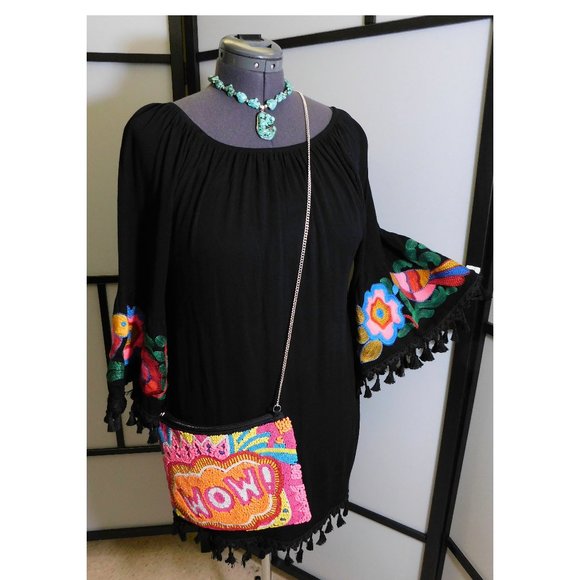 WOW Beaded Cross Body Purse Flat Black - Picture 1 of 6